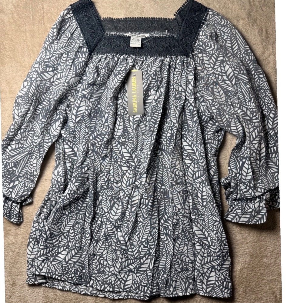 Sabrina Lauren Print Crochet Lace Square Neck‎ Blouse Large NWT Boho Summer